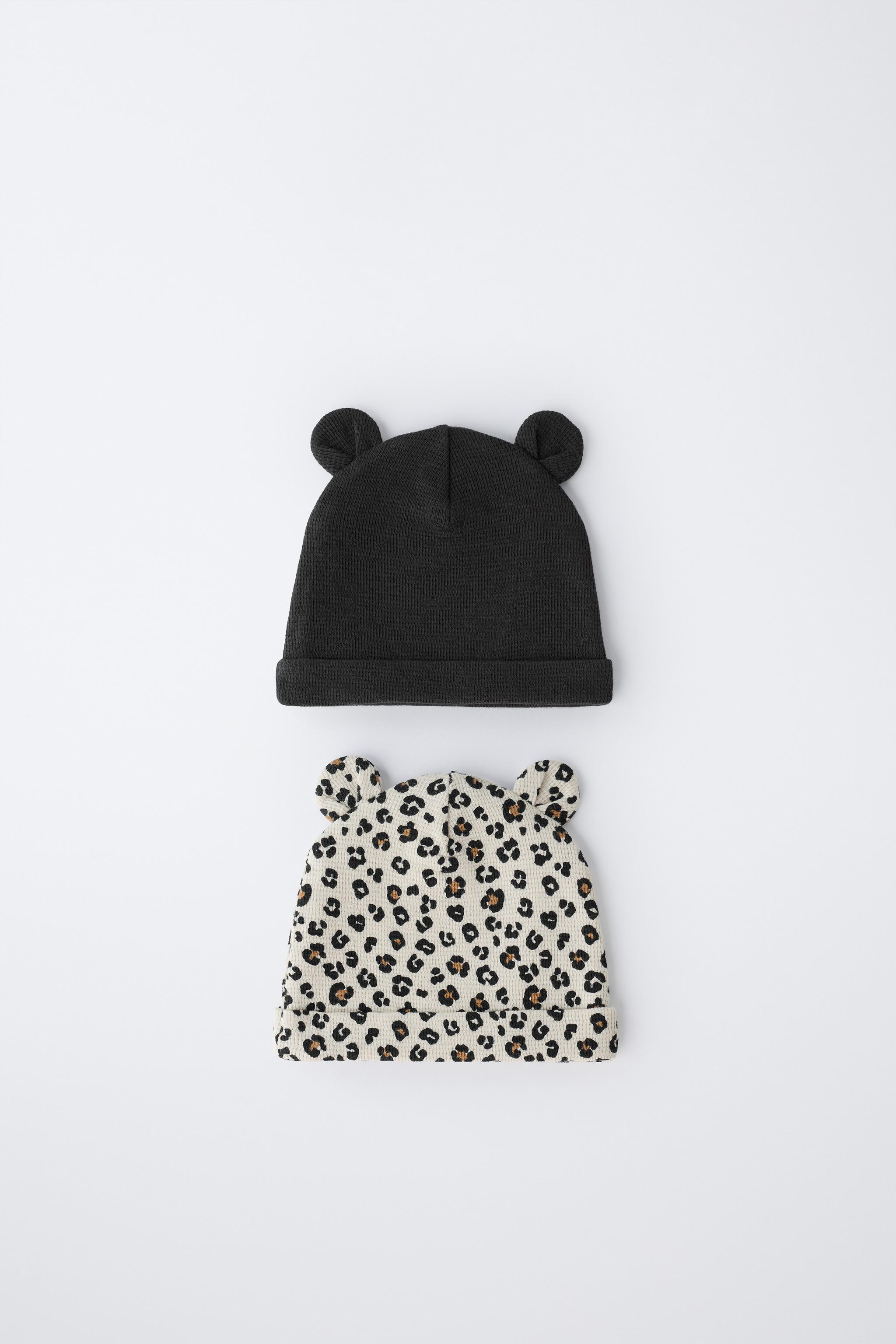 TWO-PACK OF WAFFLE KNIT EAR HATS WITH ANIMAL PRINT